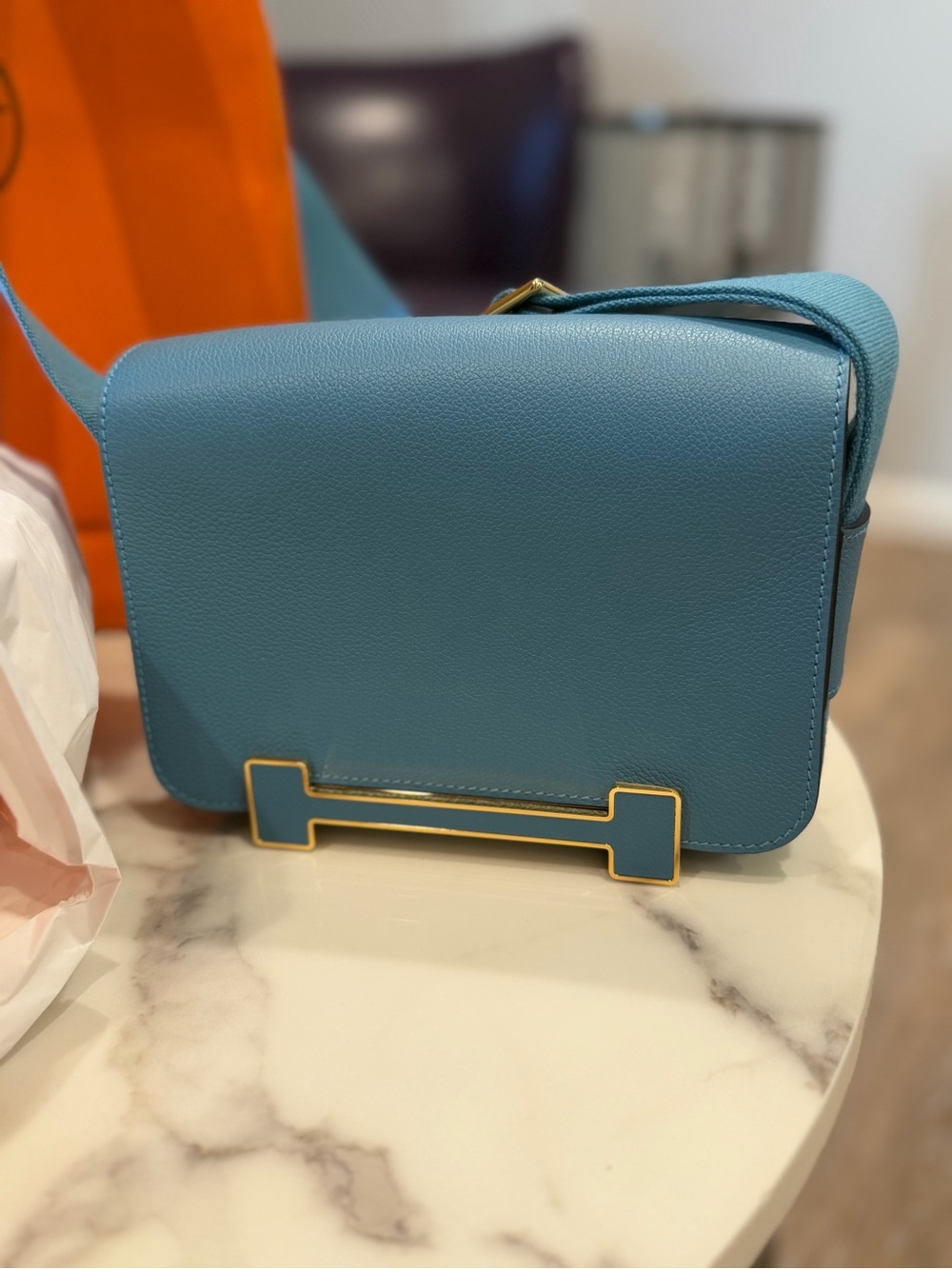 Hermès Geta Blue Jean Chevre Mysore Gold Hardware